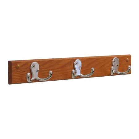 Wooden Mallet Wooden Mallet Wall Mounted Coat Rack, 3 Double Prong Hook Rail, Nickel/Medium Oak HSD3NMO